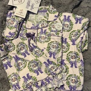 Tahari Kids Pajama Set with Purple and Green Santa Wreath Design